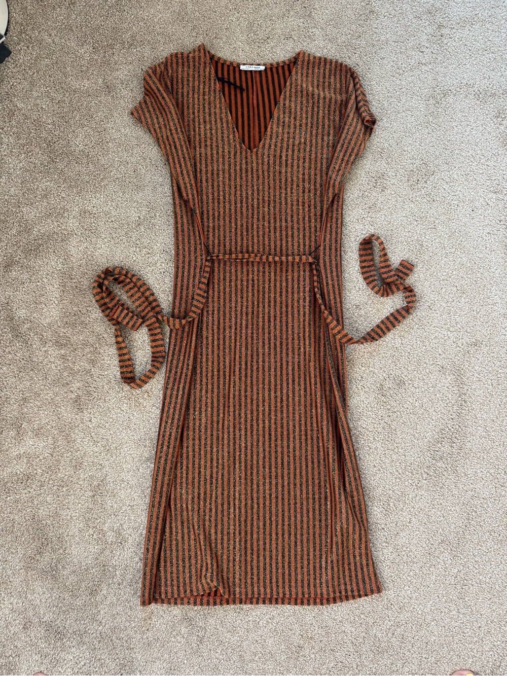 Zara Trafaluc Striped V-Neck Belted Tunic Striped Dress Size Medium